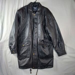 Duncan Row Men’s Medium Black Genuine Leather Long Jacket Coat Pockets